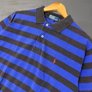 Vintage Polo Ralph Lauren Blue and Black Striped Short Sleeve Shirt Large